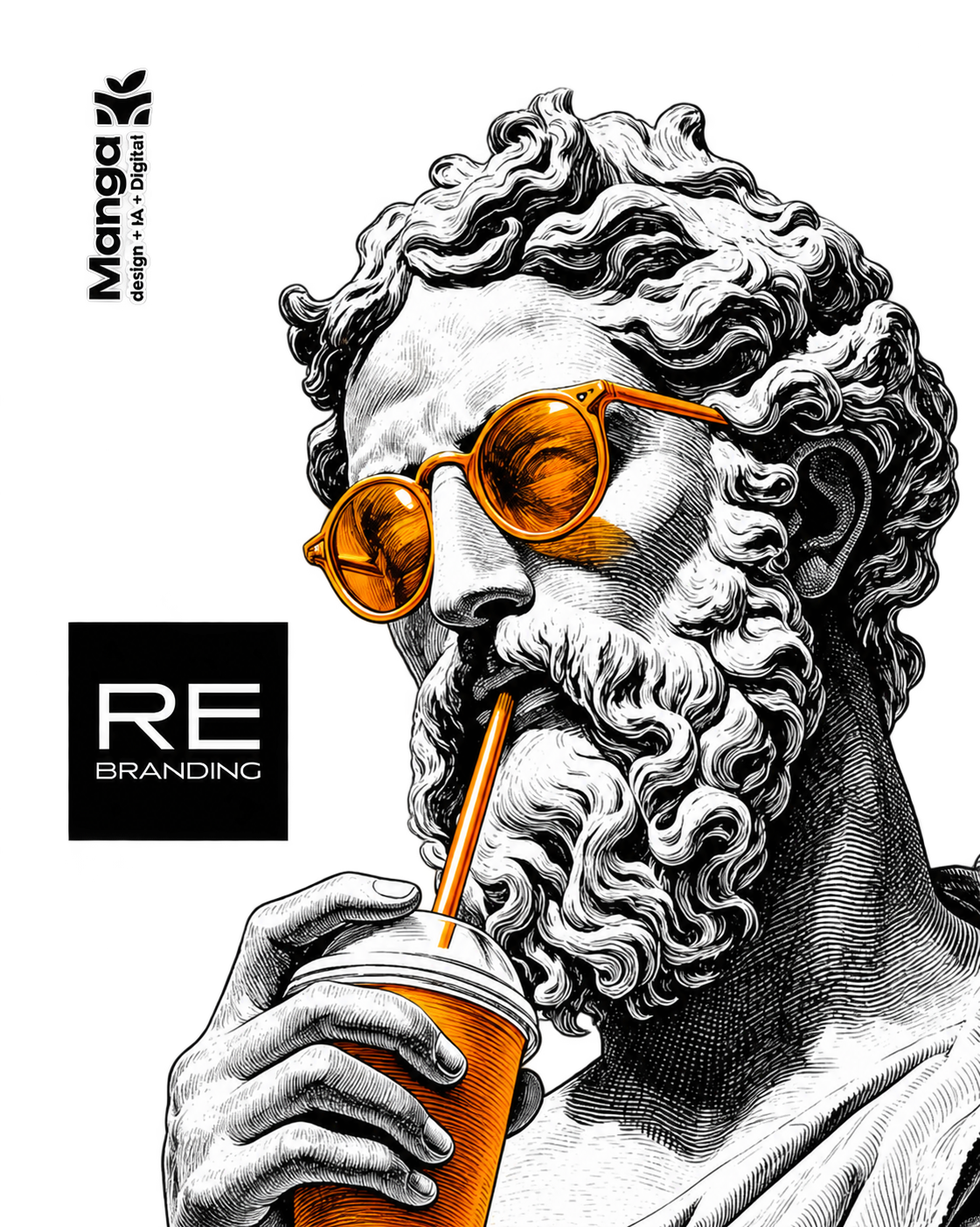 Manga rebranding illustration: a classical figure wearing orange sunglasses and holding a drink