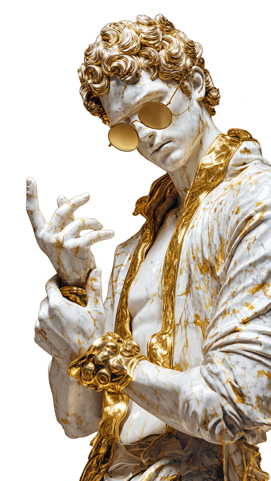 A marble figure in golden sunglasses and a contemporary jacket against a gold backdrop